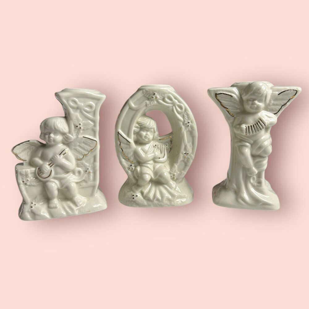 Vintage Angel Cherubs JOY Candle Holders 3 Set Ceramic Bisque White Christmas